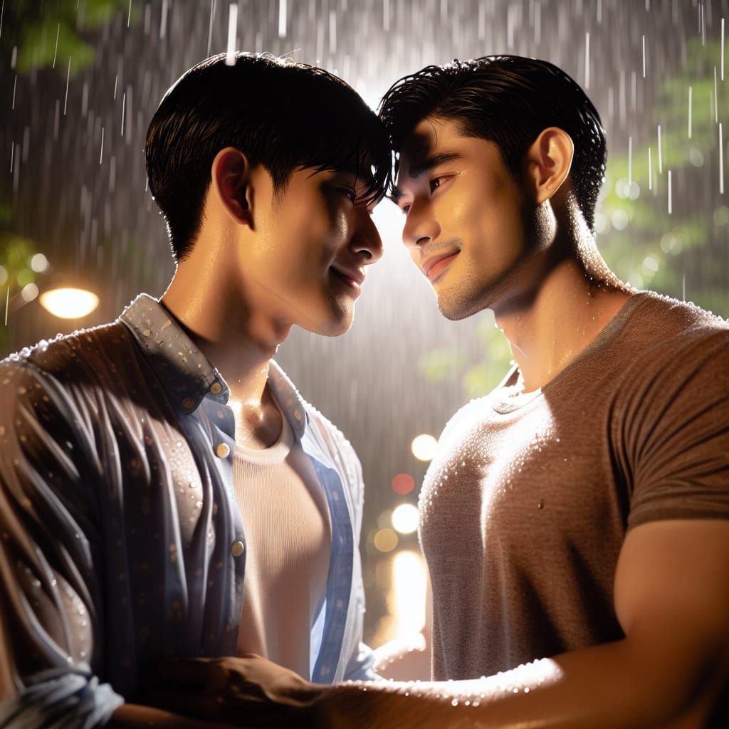 Asian loving couple at a rainy night