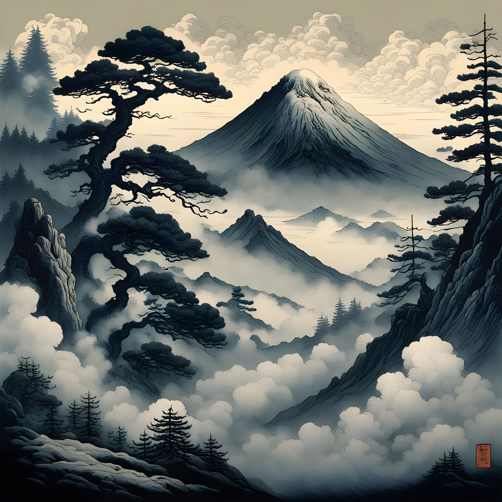 Ethereal Mountain Landscape in Ukiyo-e Style