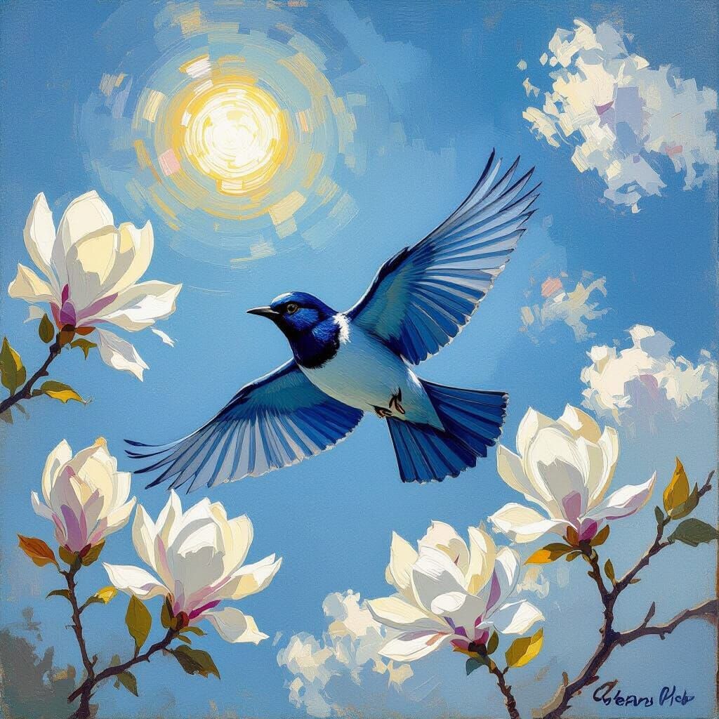 Blue Bird Soaring in Impressionist Style