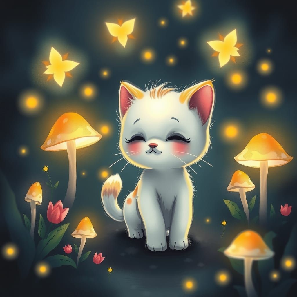 Cute Kitten in Glowing Garden, Anime Style