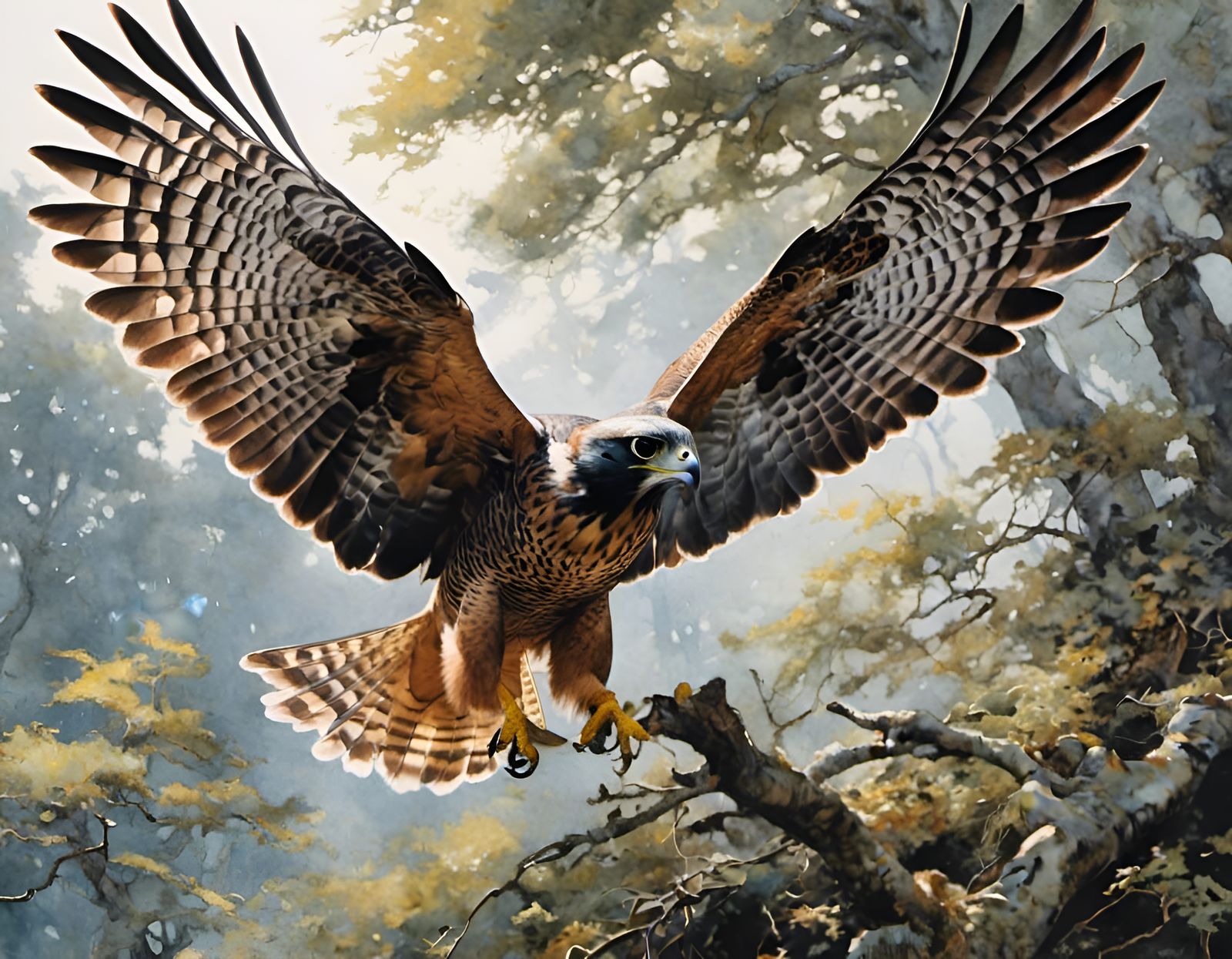 Peregrine Falcon Hunting Rabbit as Watercolor Art