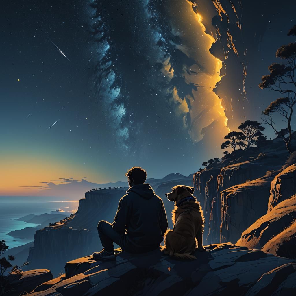 Man and Dog Under Starry Sky: Digital Art