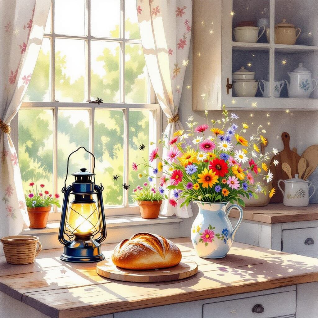 Whimsical Watercolor Farmhouse Kitchen with Enchanted Firefl...