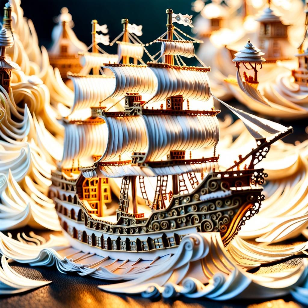 Quilled White Pirate Ship in Stormy Sea