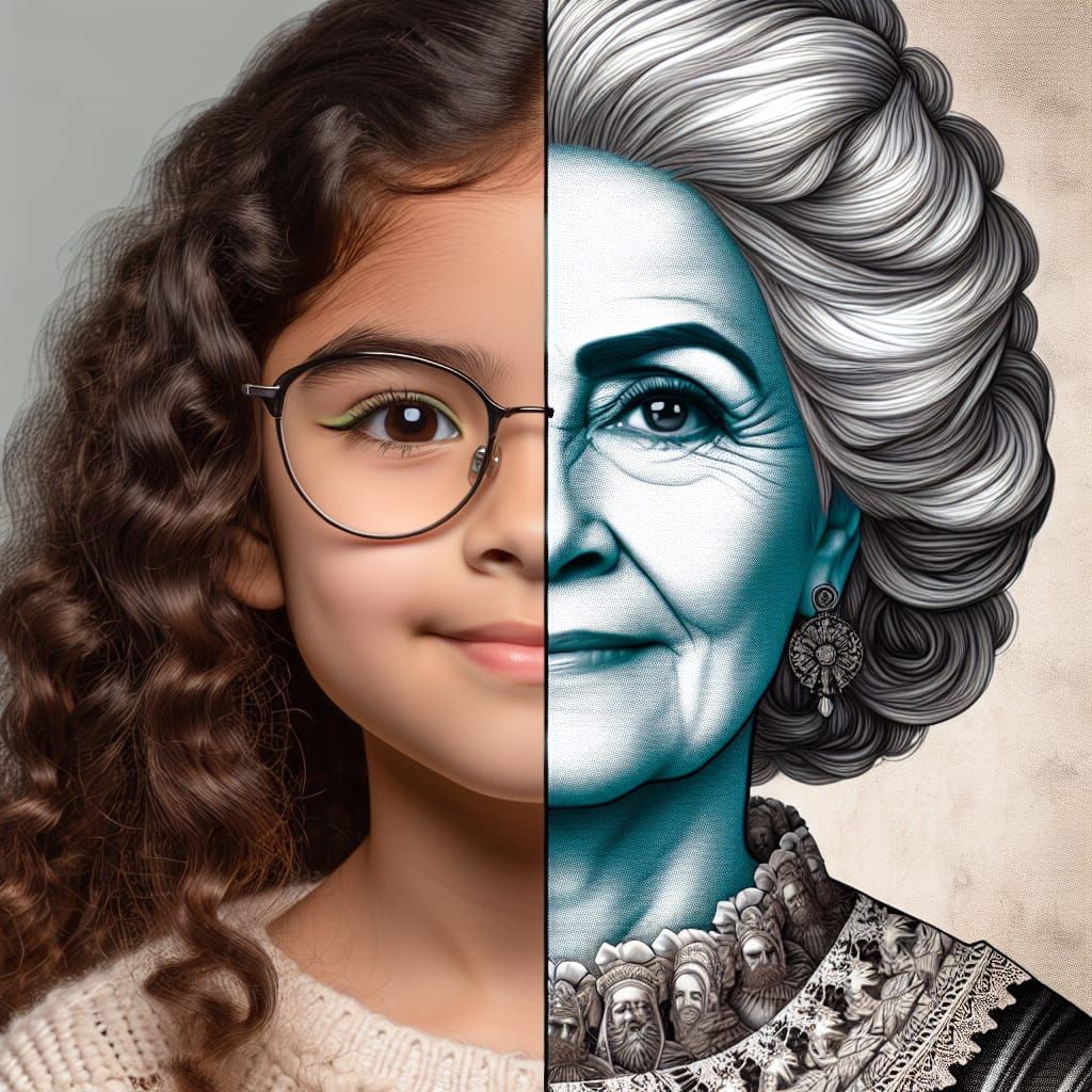 Split image: Mirabel (Encanto) on one side and her Abuela on the other. Mirabel has curly hair and glasses. Abuela is gr...