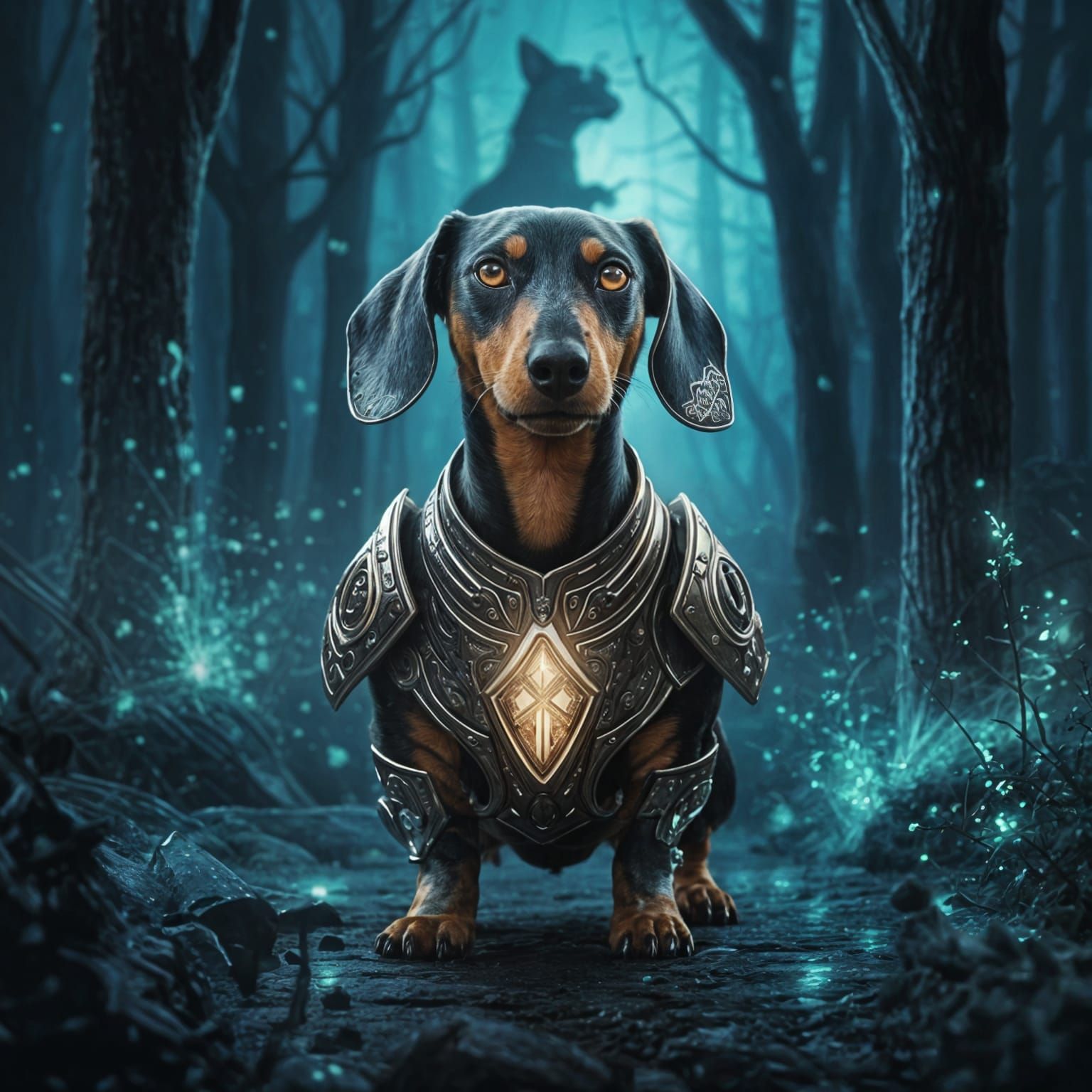 Futuristic Dachshund Hero in Enchanted Twilight Forest