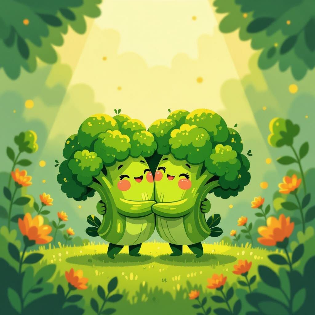 Whimsical Broccoli Couple Embracing in Golden Light