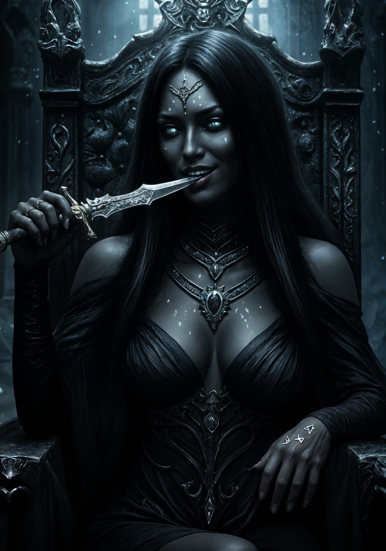Dark Fantasy Queen on Throne with Silver Eyes