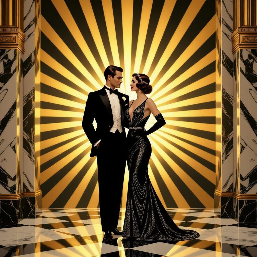 Elegant 1930s Couple in Golden Sunburst Art Deco Style