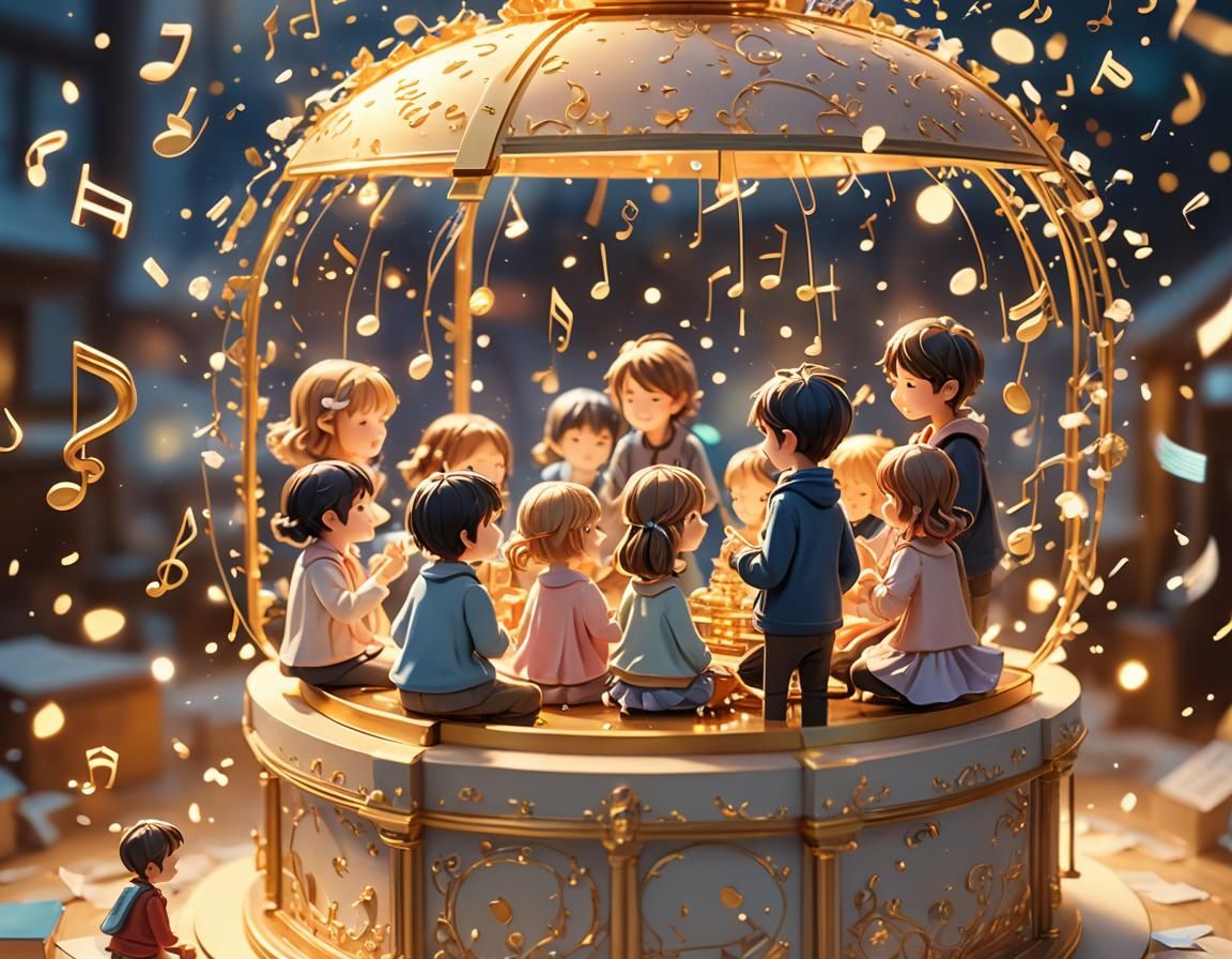 Children and Music Box in 3D Anime Style