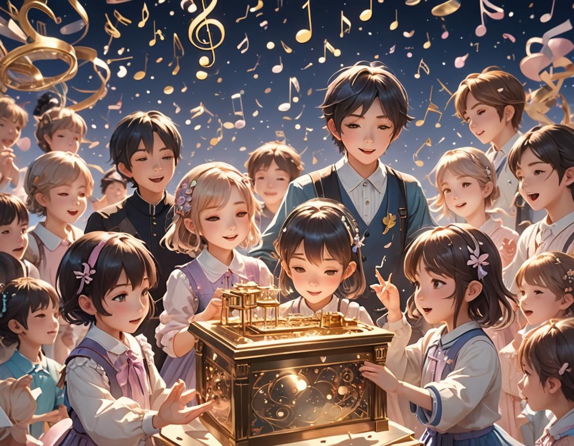 Children Mesmerized by Music Box: 3D Anime Art