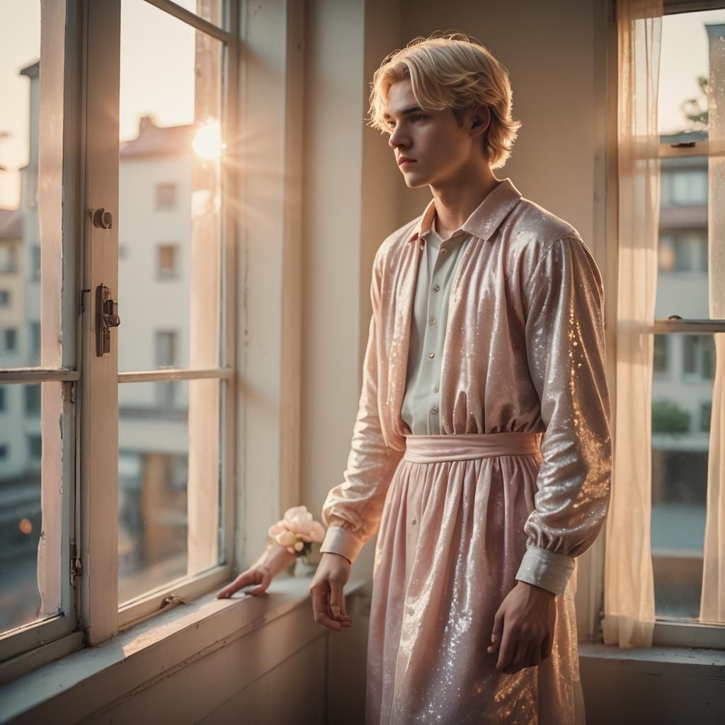 Boy in Pastel Dress at Window, Cinematic Style