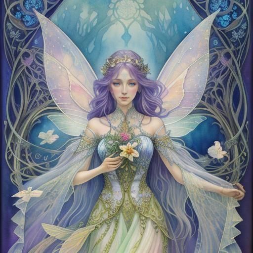 Mystical Fairy in Art Nouveau Watercolor Style