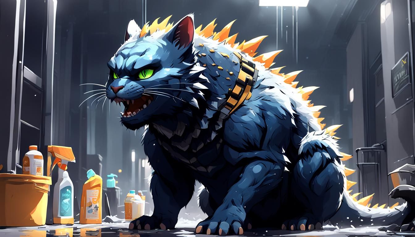 Catzilla Grooming: Detailed 3D Anime Art
