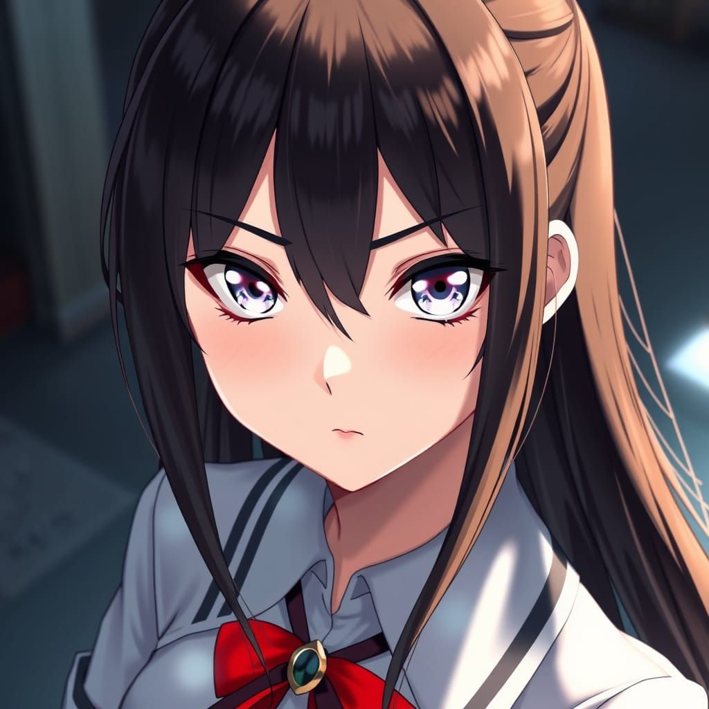 Anime Girl with Intense Gaze in 3D Style