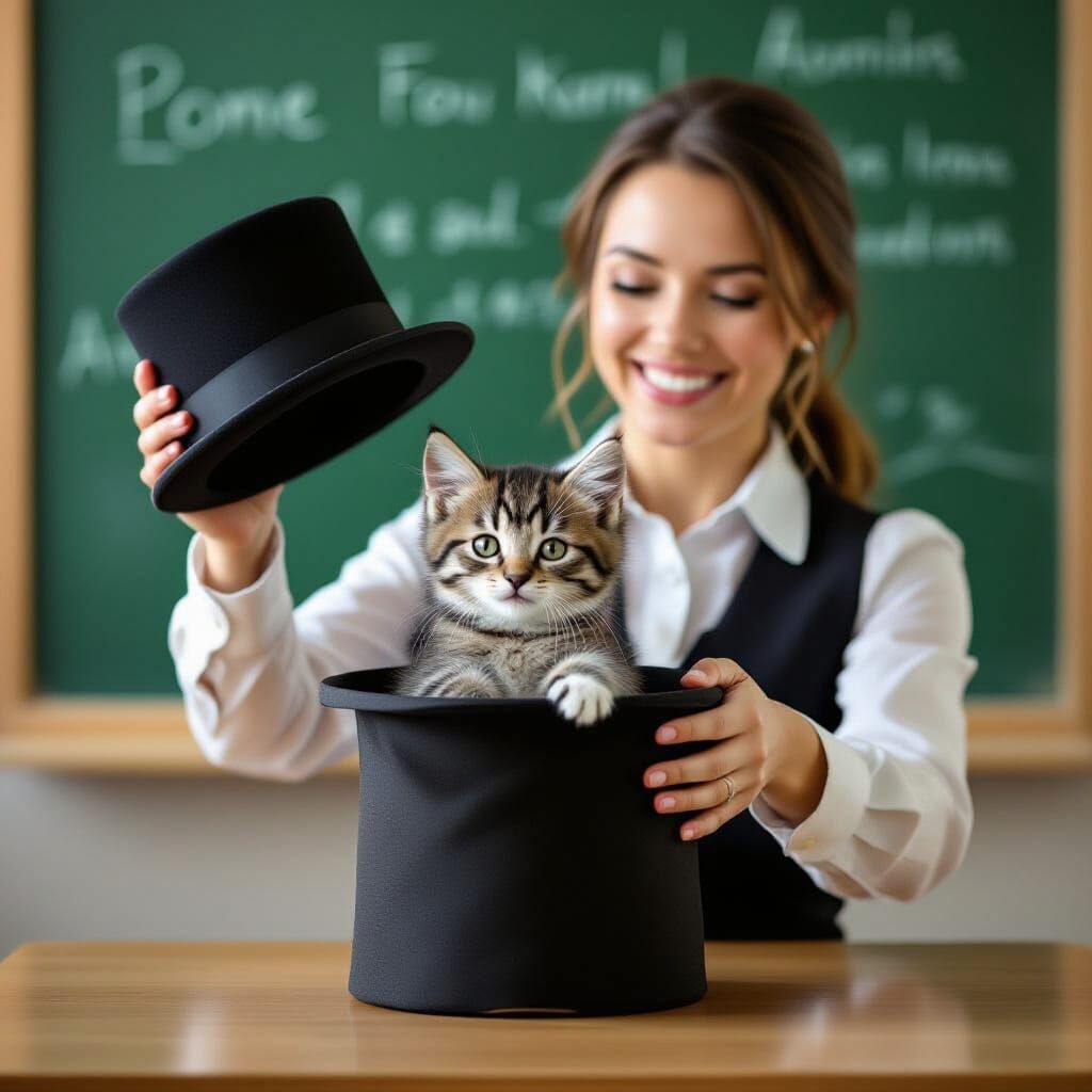 Teacher Pulls Kitten From Hat Before Chalkboard