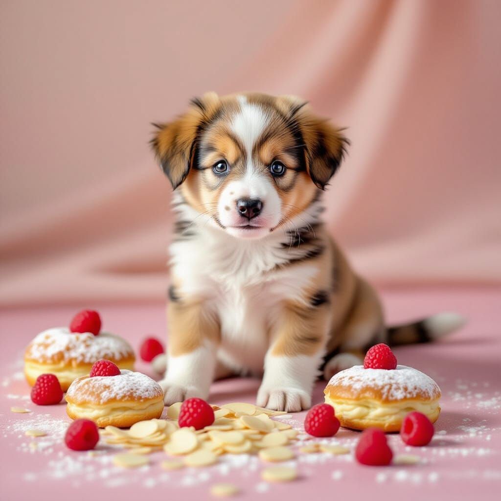 Cute Puppy on Pink Surface with Pastry and Raspberries