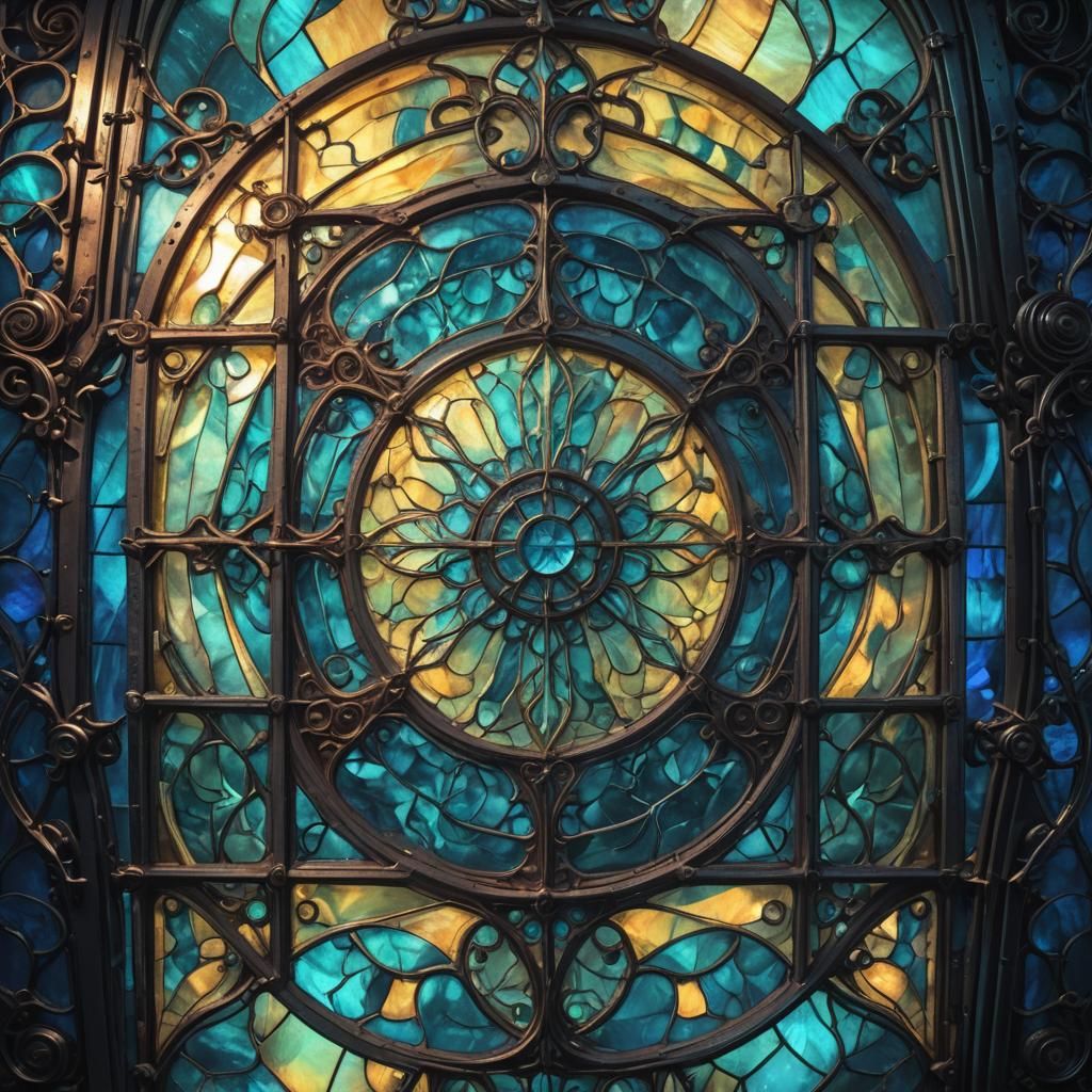 Bioluminescent, Fractal, Surrealism Stained antique Glass window wrought iron frame