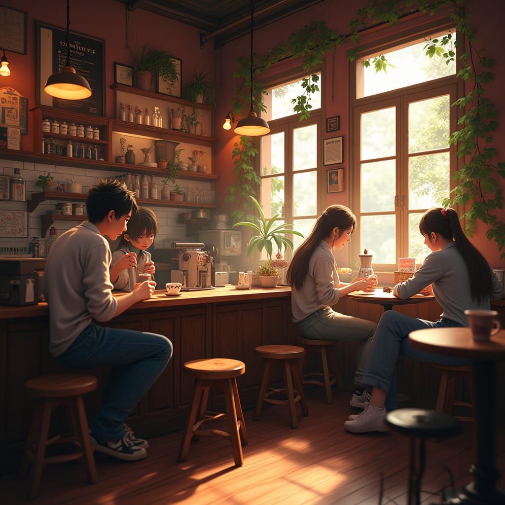 Cozy Coffee Shop in Anime-Inspired 3D Rendering