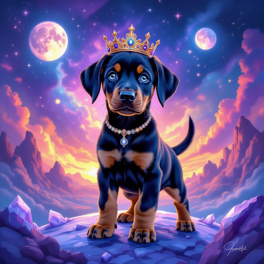 Galactic Doberman Puppy in Crown on Crystalline Planet