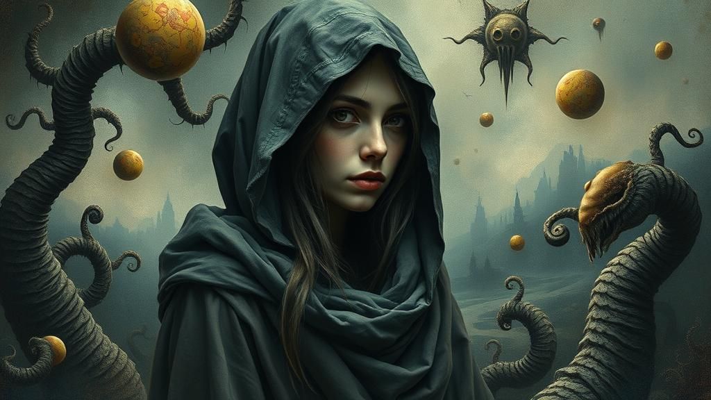 Mystical Woman in Surreal Dreamscape, Miró Style