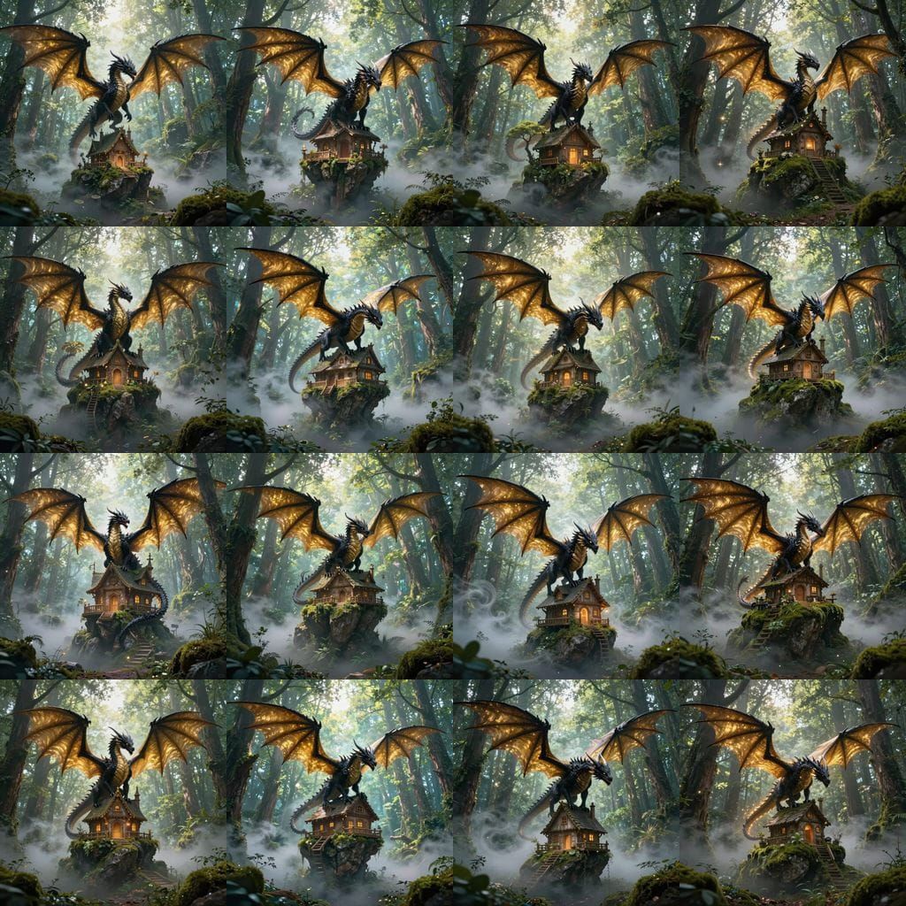 Black Dragon with Golden Wings Over Enchanted Forest Hut
