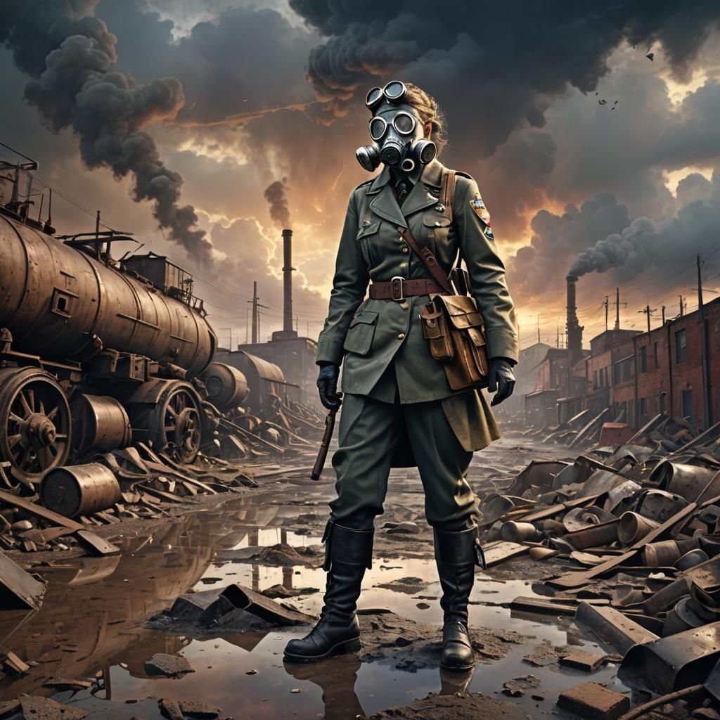 Dieselpunk Officer in 1940s Wasteland at Sunset