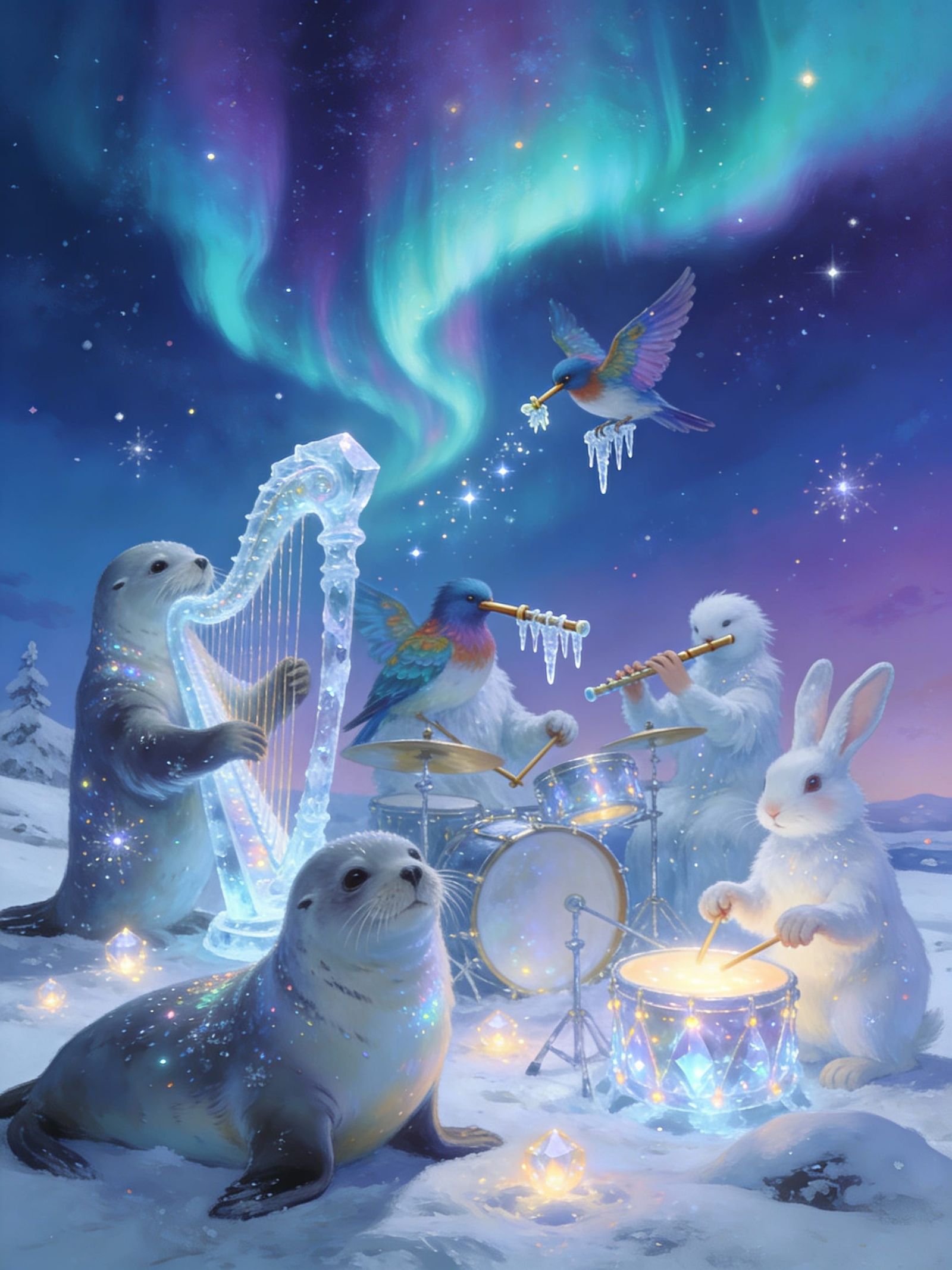 Winter Animals Orchestra with Aurora Sky