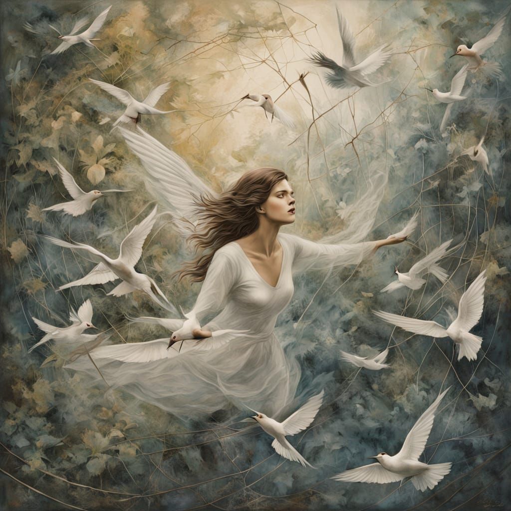 Angel of Memories Shatters Mirrors in a Dreamlike Scene