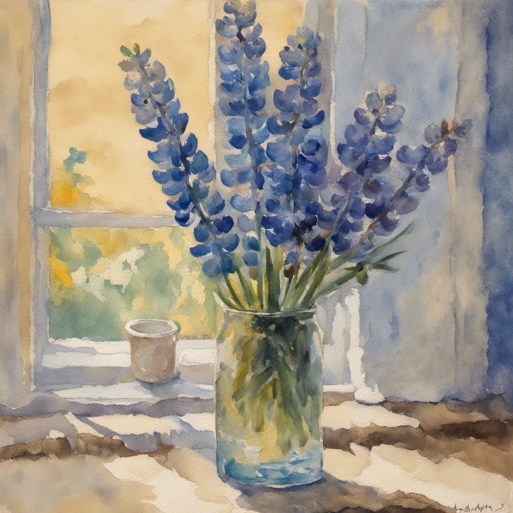 Lupines in Vase: Impressionist Gouache Watercolor Art