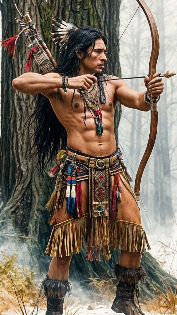 Native American Archer in Watercolor Forest