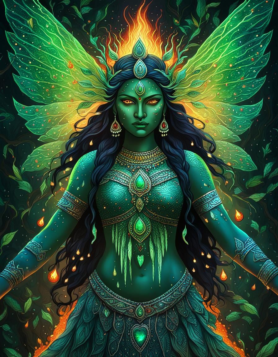 Cosmic Goddess with Fiery Eyes and Wings