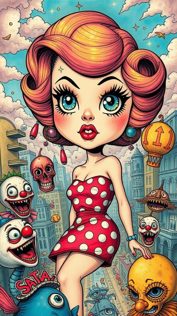 Giant Pin-Up Girl Attacks Clown City in Comix Style