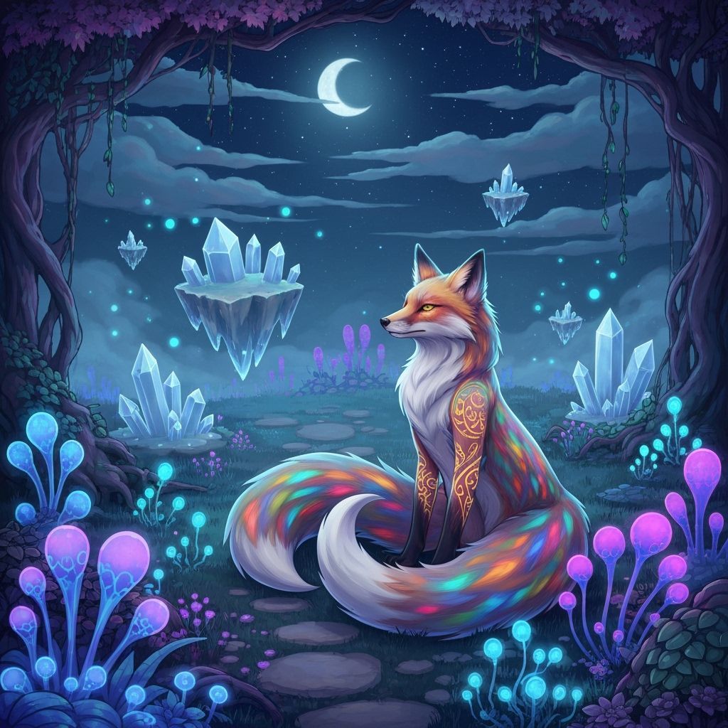 Celestial Fox Spirit in Bioluminescent Lunar Garden