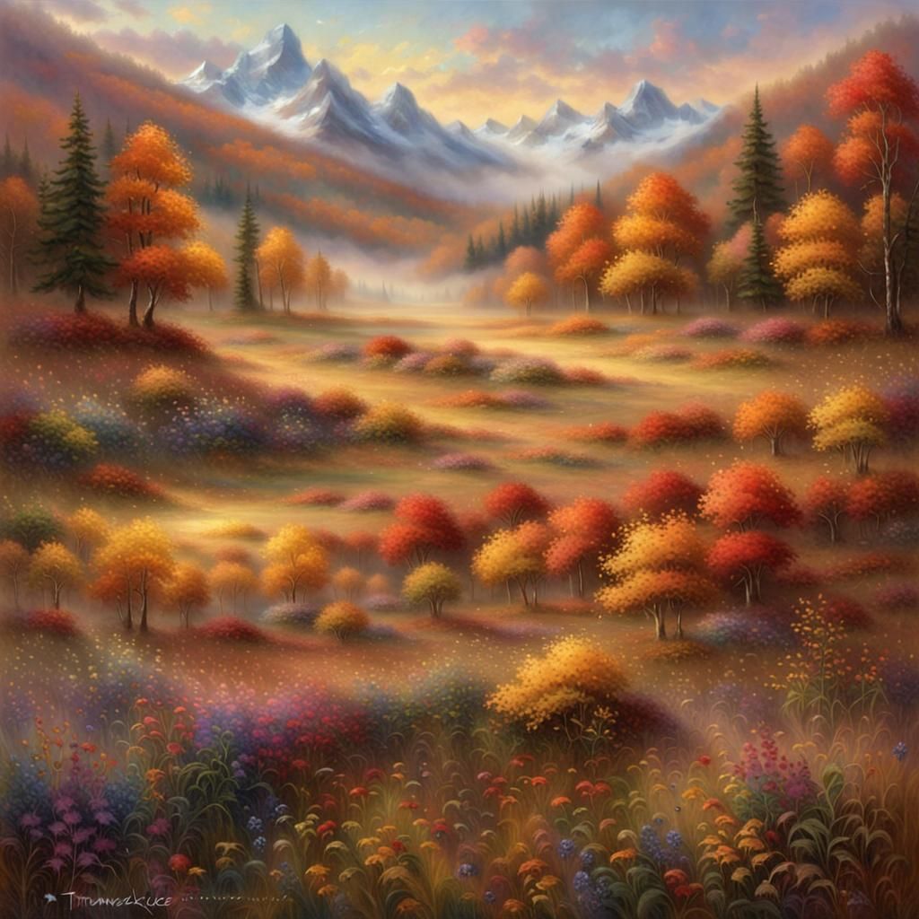 Autumn Meadow with Mountains in Kinkade Style