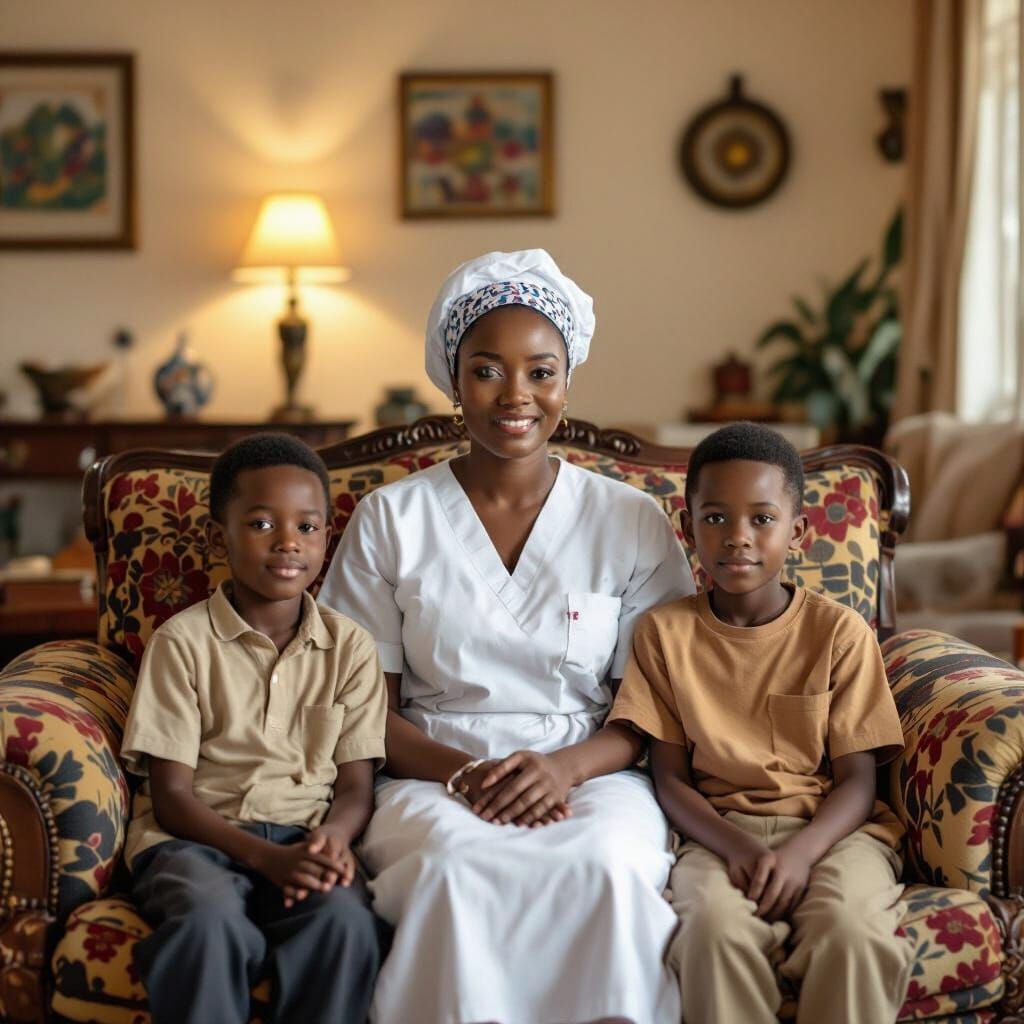 Nigerian Nurse with Sons in Cozy Living Room