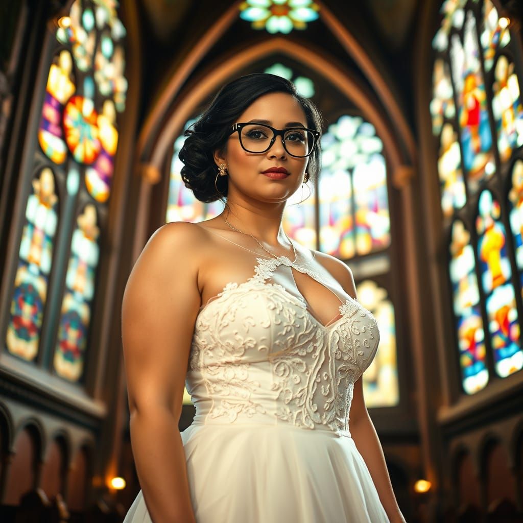 Romantic Bride in Rustic Church with Vibrant Stained Glass