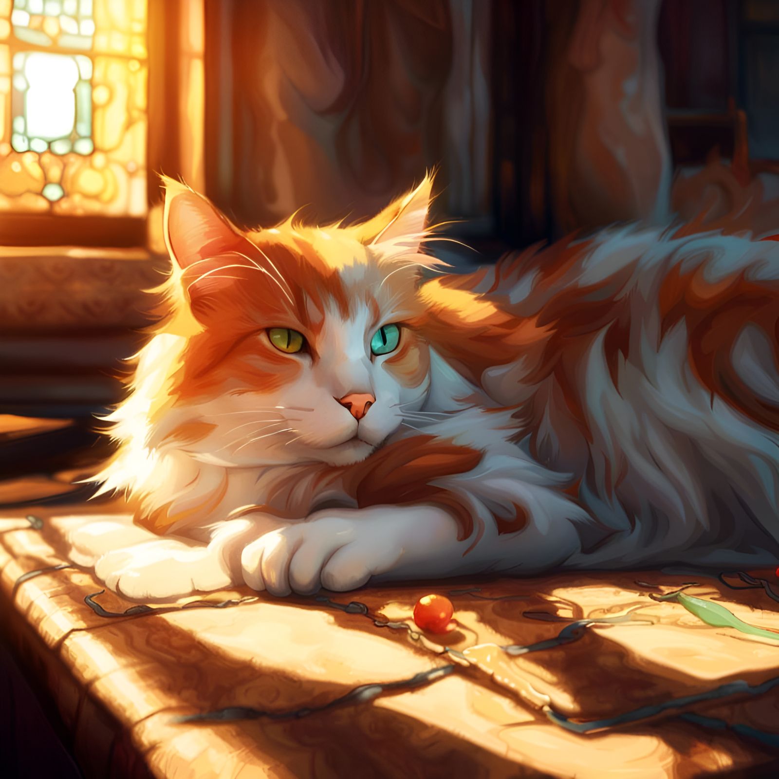 A cat lying in the sun; ethereal, art by Arthur Rackham, Julie Bell,