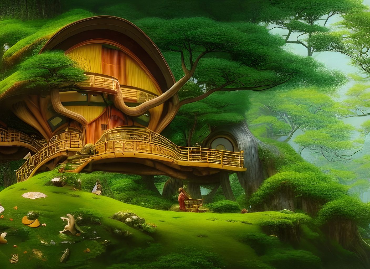 Cozy Hobbit Treehouse in Spring Forest, Surreal Style