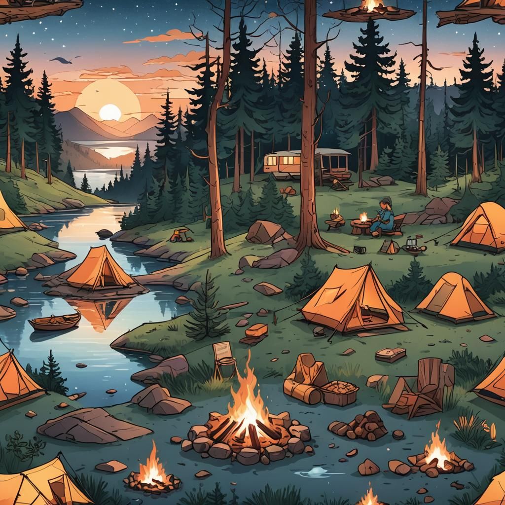 Cozy Campsite Illustration with Campfire and Starry Sky