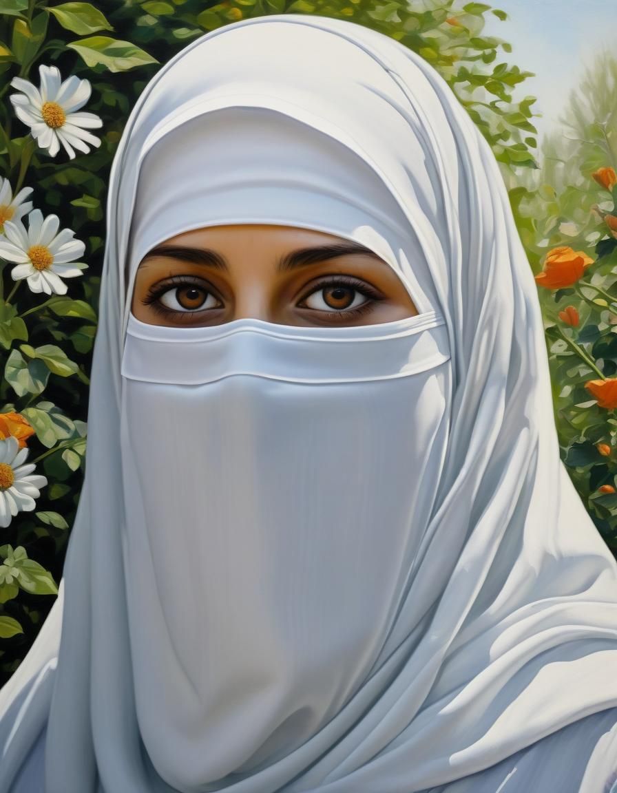 Oil Painting: Overweight Niqabi Woman in Garden