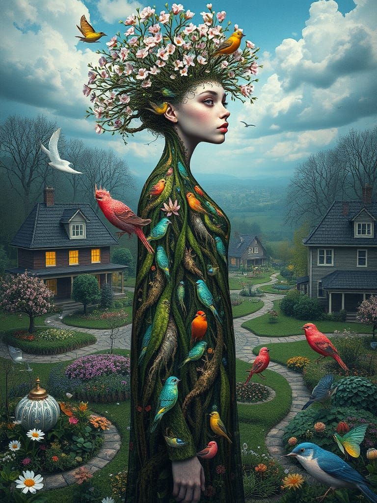 Surreal Tree Goddess in Serene Spring Village