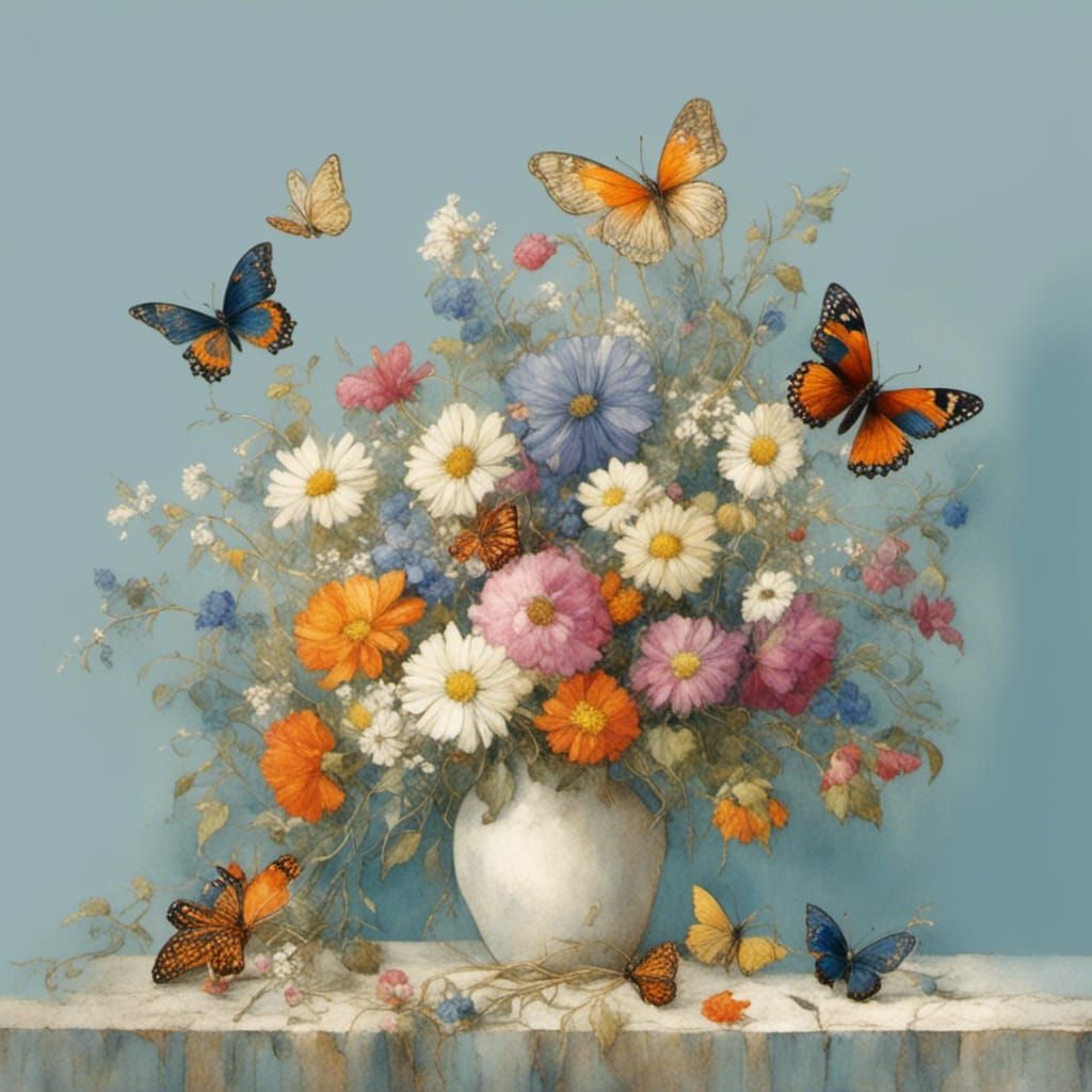 Detailed Floral and Butterfly Illustration