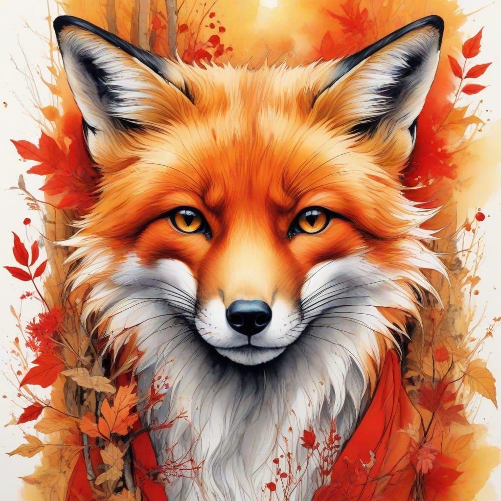 Stylized Red Fox in Autumn Woodland, Watercolor Minimalism