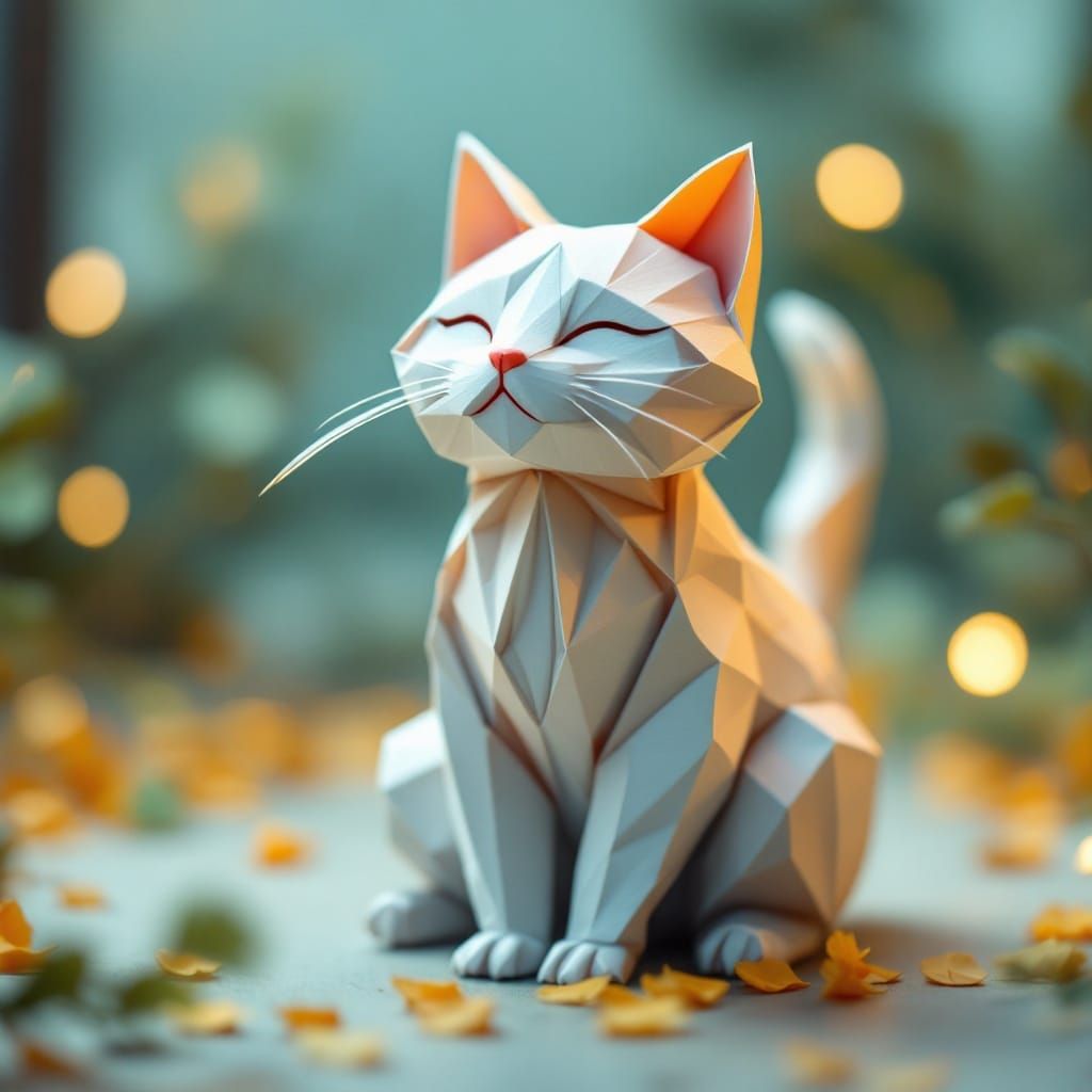 Origami Cat in Serene Papercraft Setting