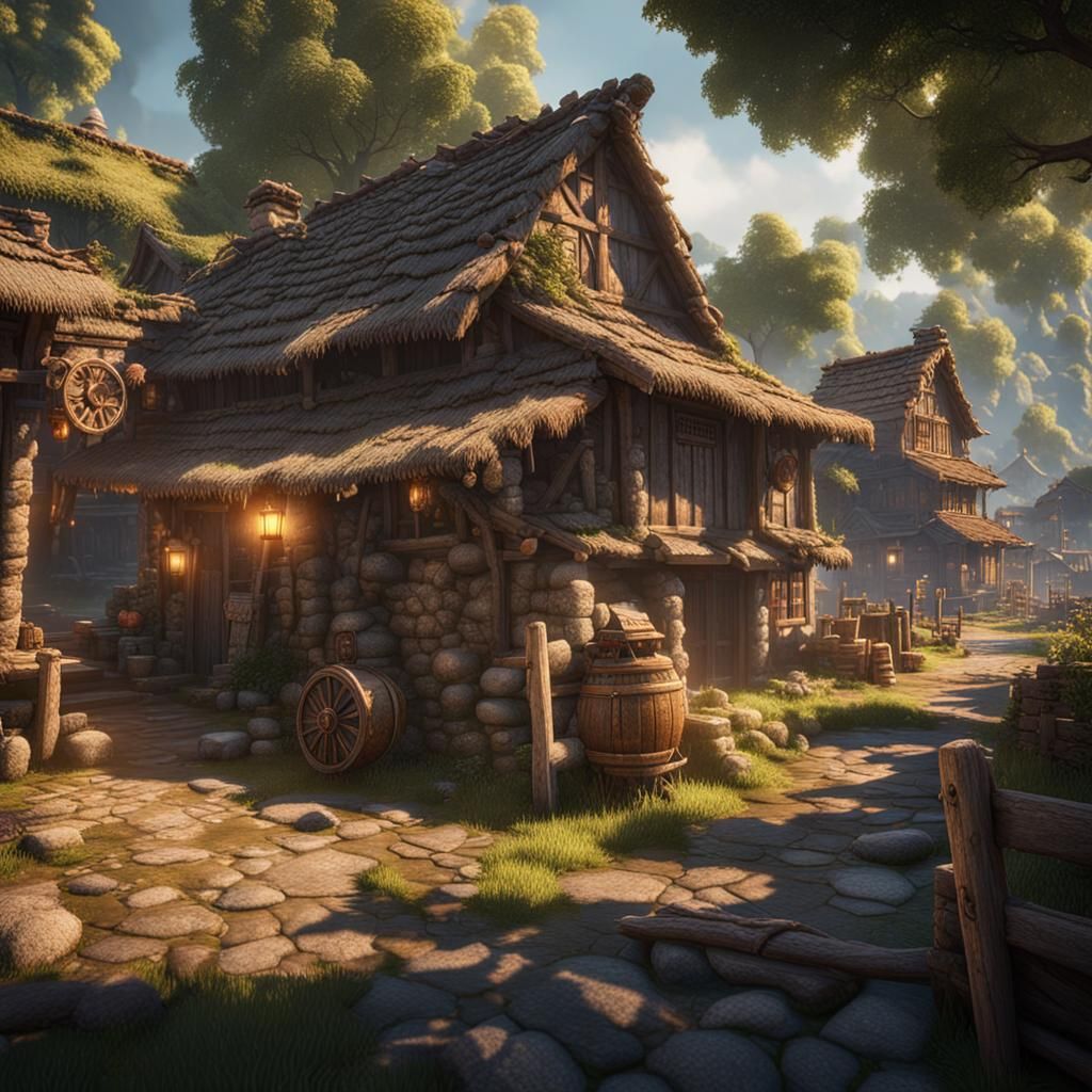 Village in 3D Game Cinematic Style