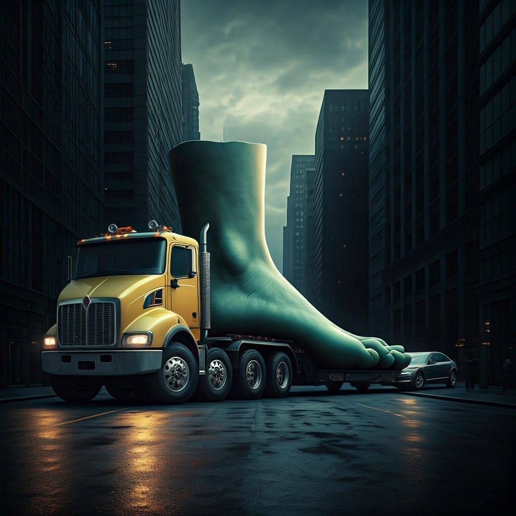 Surreal Foot Tow Truck in Urban Setting