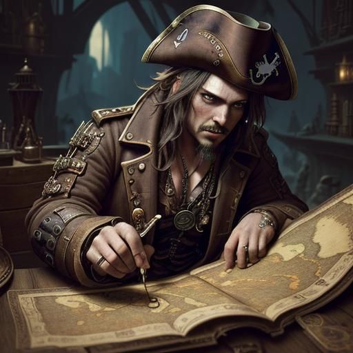 Steampunk Pirate and Treasure Map in Epic Style