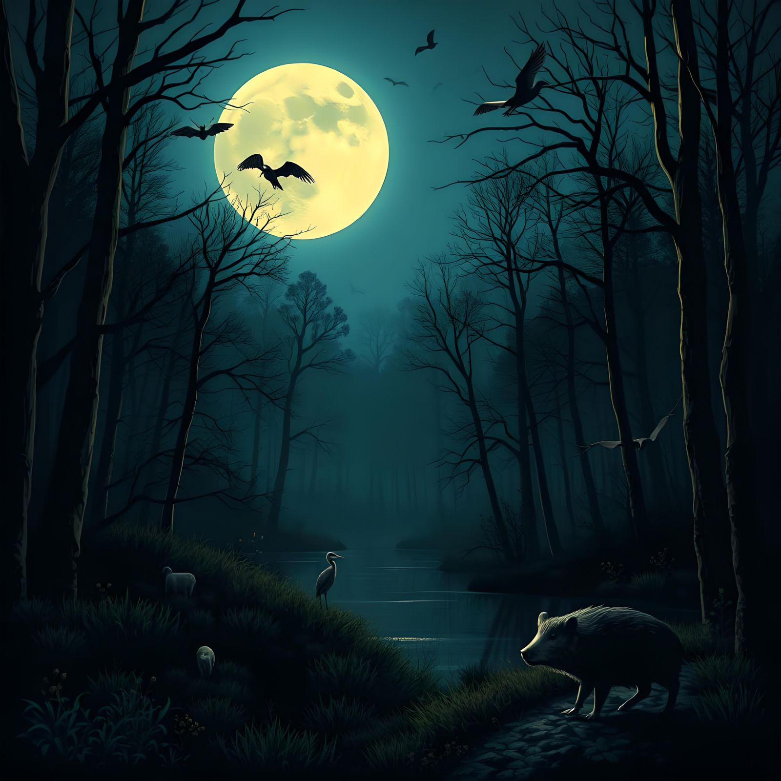Moonlit Night Forest Scene with Animals