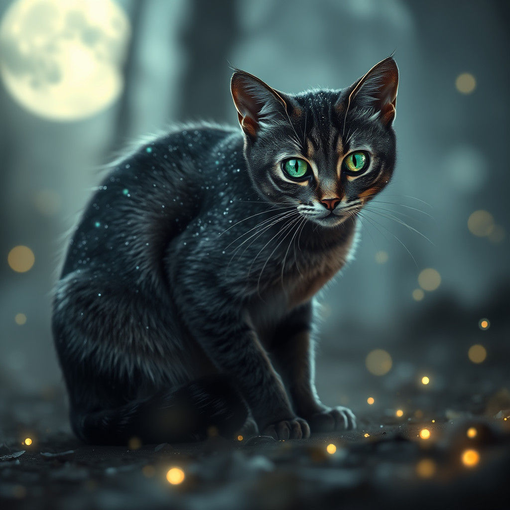 Majestic Cat Shimmers with Stardust in Misty Forest